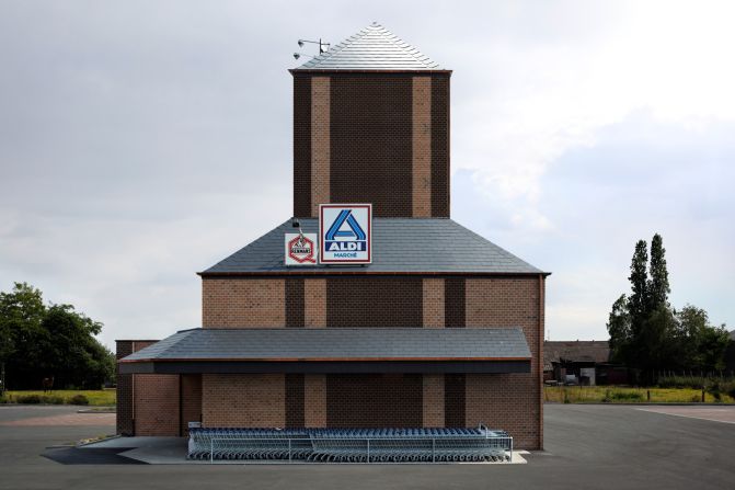 In an image named "Closed on Sundays," Delory created a supermarket in the shape of a church as a commentary on consumerism.