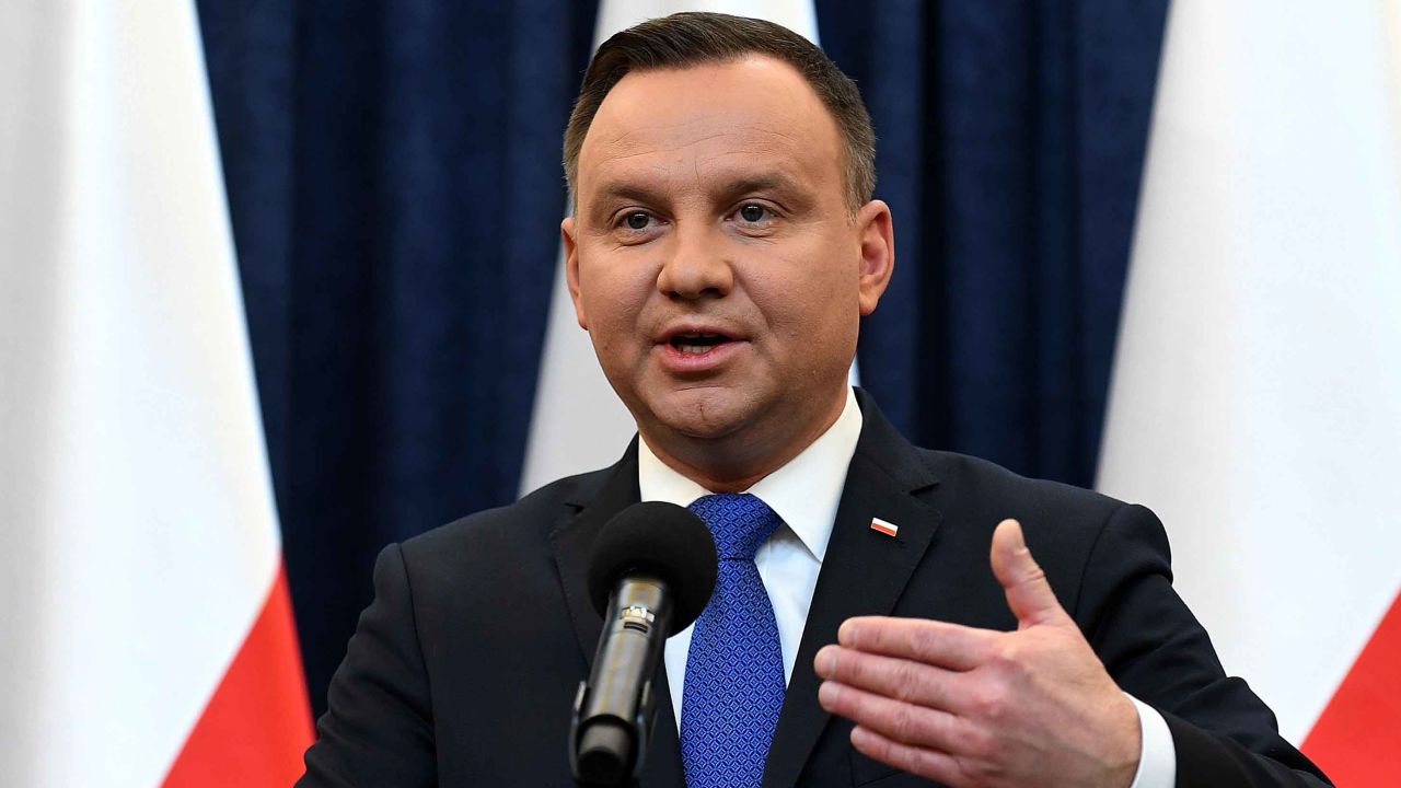 Poland's President Andrzej Duda gives a press conference to announce that he will sign into law a controversial Holocaust bill.