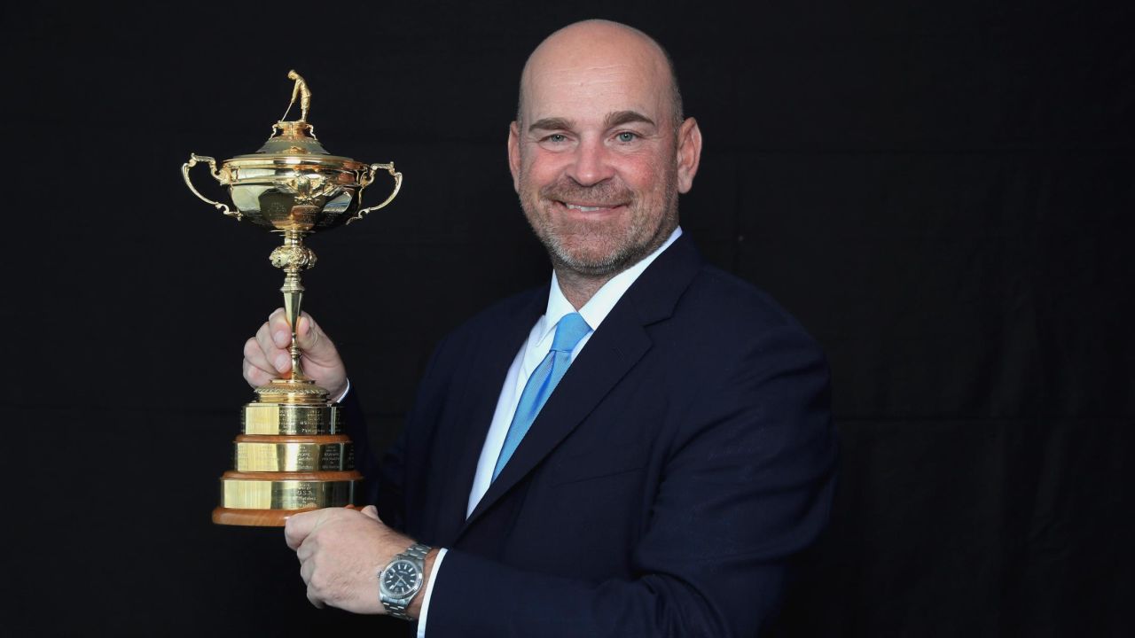 PARIS, FRANCE - OCTOBER 17: Thomas Bjorn of Denmark, Captain of the Team Europe poses for a portrait with the Ryder Cup during the Ryder Cup 2018 Year to Go Captains Official Photocal on October 17, 2017 in Paris, France. (Photo by Andrew Redington/Getty Images)