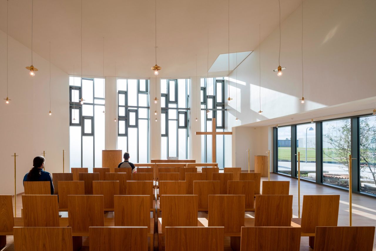 The chapel at Storstrøm prison is one of many facilities designed to help normalize the experience of inmates. The prison also has family facilities including a visitor section, playground, and visitor apartments where inmates can spend time with their partners and children. 