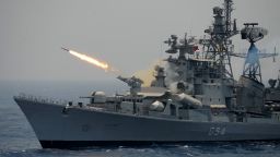 A rocket is fired from the Indian Navy destroyer ship INS Ranvir during an exercise drill in the Bay Of Bengal off the coast of Chennai on April 18, 2017. / AFP PHOTO / ARUN SANKAR        (Photo credit should read ARUN SANKAR/AFP/Getty Images)