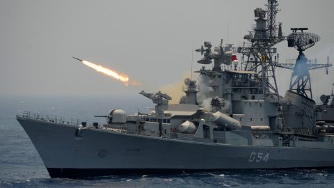 A rocket is fired from the Indian Navy destroyer ship INS Ranvir during an exercise drill in the Bay of Bengal, April 18, 2017. 