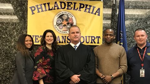 Former West Wing castmates Melissa Fitzgerald and Dule Hill attend veterans treatment court graduation in the Philadelphia courtroom of Judge Patrick Dugan.