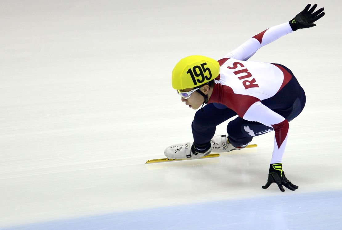 Viktor Ahn of Russia competes during the men's 1500m preliminaries of the ISU World Cup short track speed skating event in Dresden, Germany, on February 6, 2015.