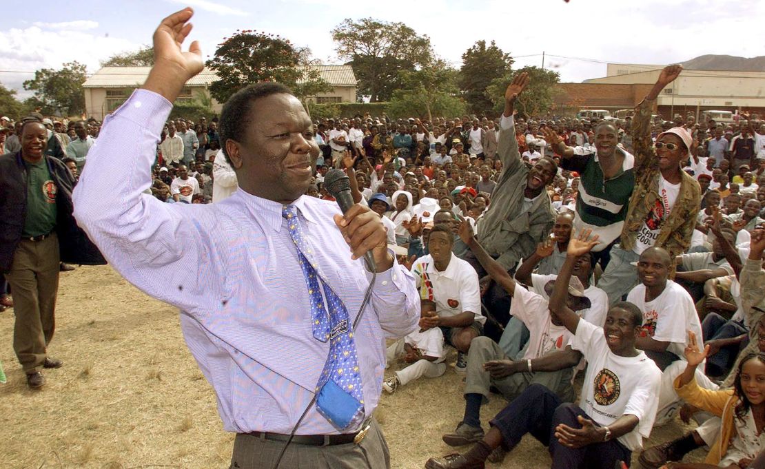 Tsvangirai addresses an MDC rally in Mutare in 2000. 