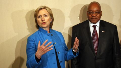 US Secretary of State Hillary Clinton addresses journalists next to Zuma in August 2009. The two met in Durban, South Africa.