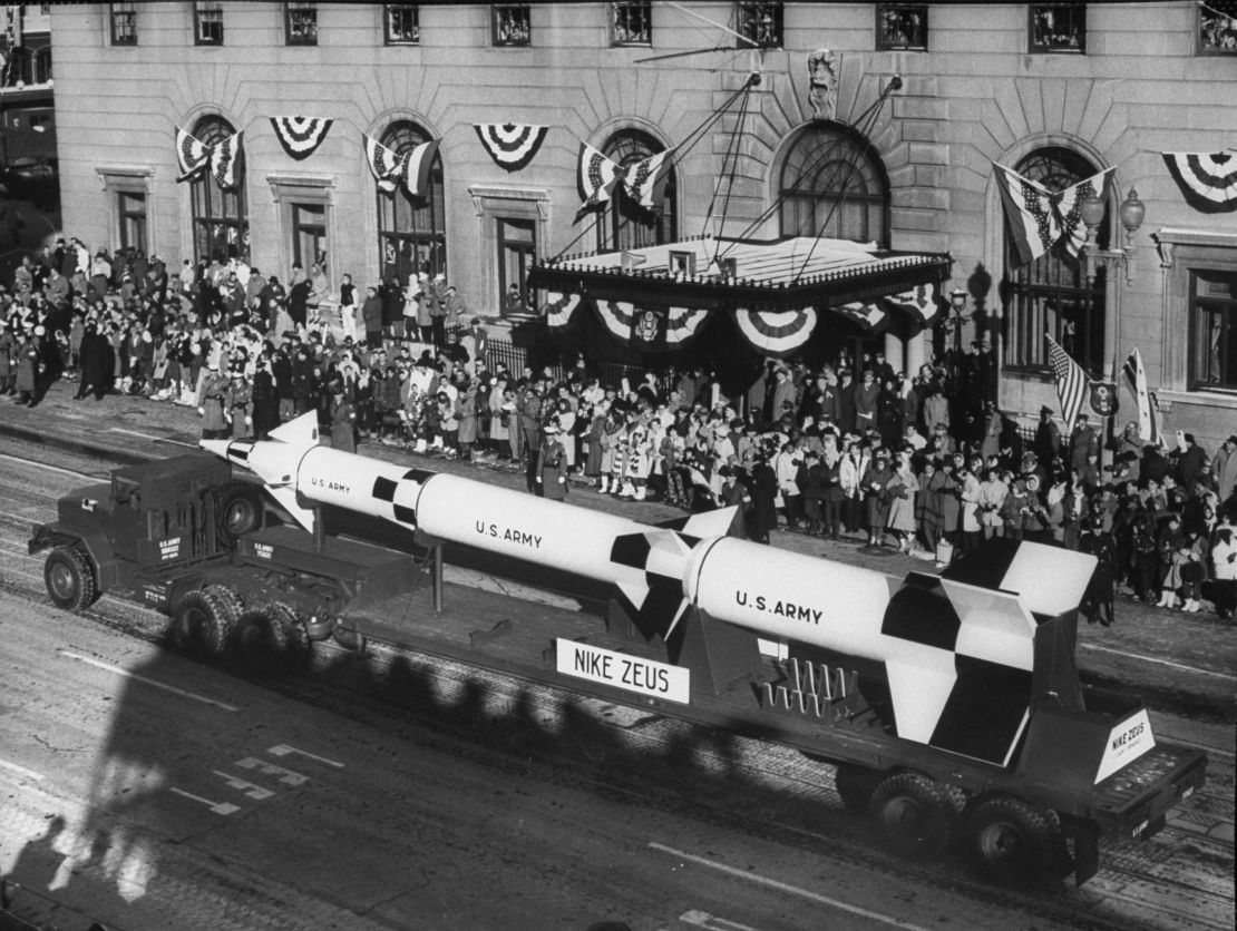 A Nike Zeus missile is showcased  President John F. Kennedy's inauguration parade.