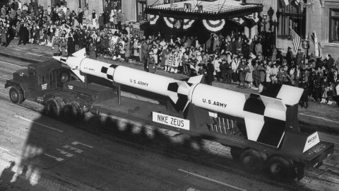 A Nike Zeus missile is showcased President John F. Kennedy's inauguration parade.