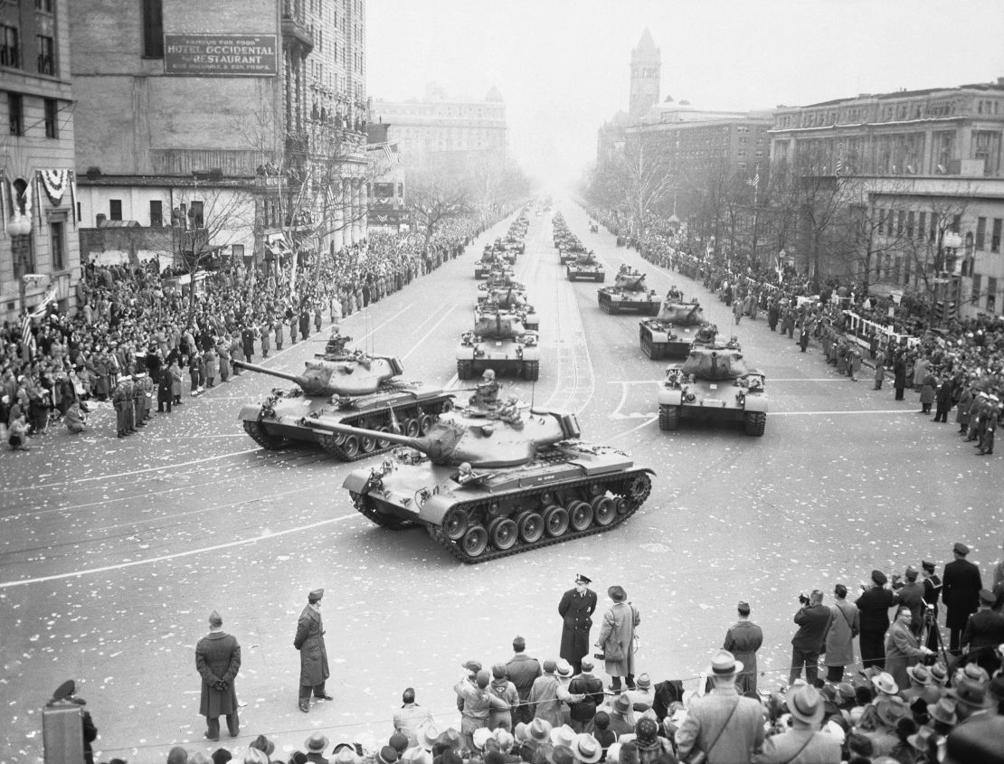 Army tanks move along Pennsylvania Avenue in the inaugural parade for President Dwight D. Eisenhower on January 21, 1953.