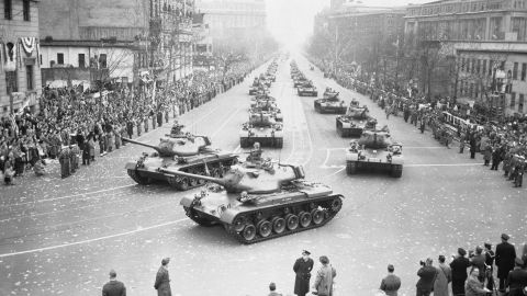 Army tanks move along Pennsylvania Avenue in the inaugural parade for President Dwight D. Eisenhower on January 21, 1953.