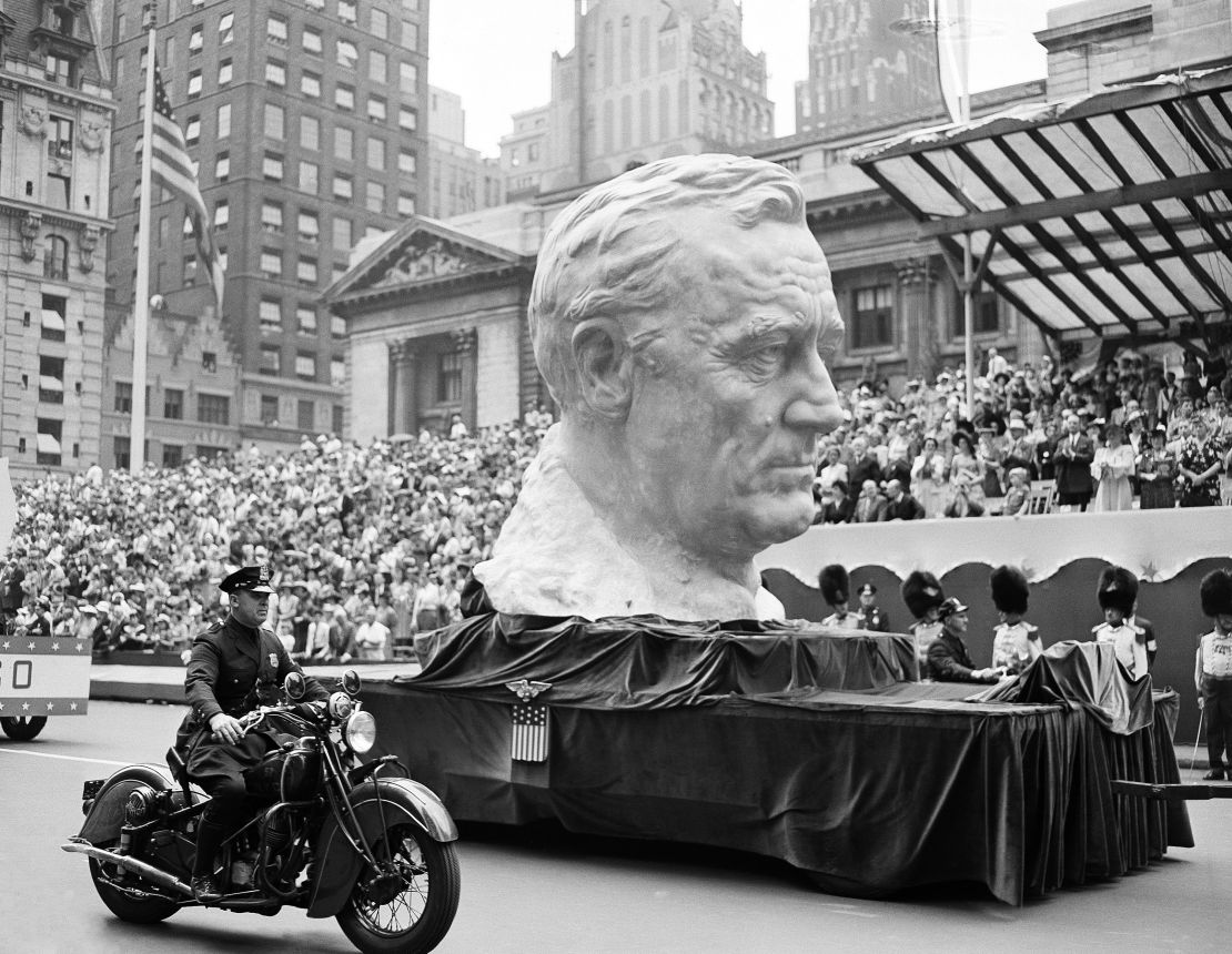 A float carried a huge bust of President Franklin Roosevelt in New York on June 13, 1942.