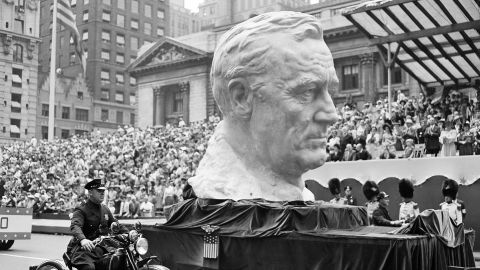 A float carried a huge bust of President Franklin Roosevelt in New York on June 13, 1942.