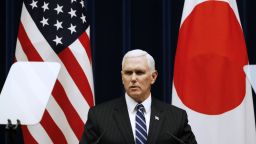 US Vice President Mike Pence attends their joint announcement with Japan's Prime Minister Shinzo Abe after their joint announcement after their meeting at Abe's official residence in Tokyo on February 7, 2018.  
Pence is in Tokyo for three days before leading a US delegation to the opening ceremony of the politically tinged Pyeongchang 2018 Winger Olympic Games on February 9. / AFP PHOTO / POOL / TORU HANAI        (Photo credit should read TORU HANAI/AFP/Getty Images)