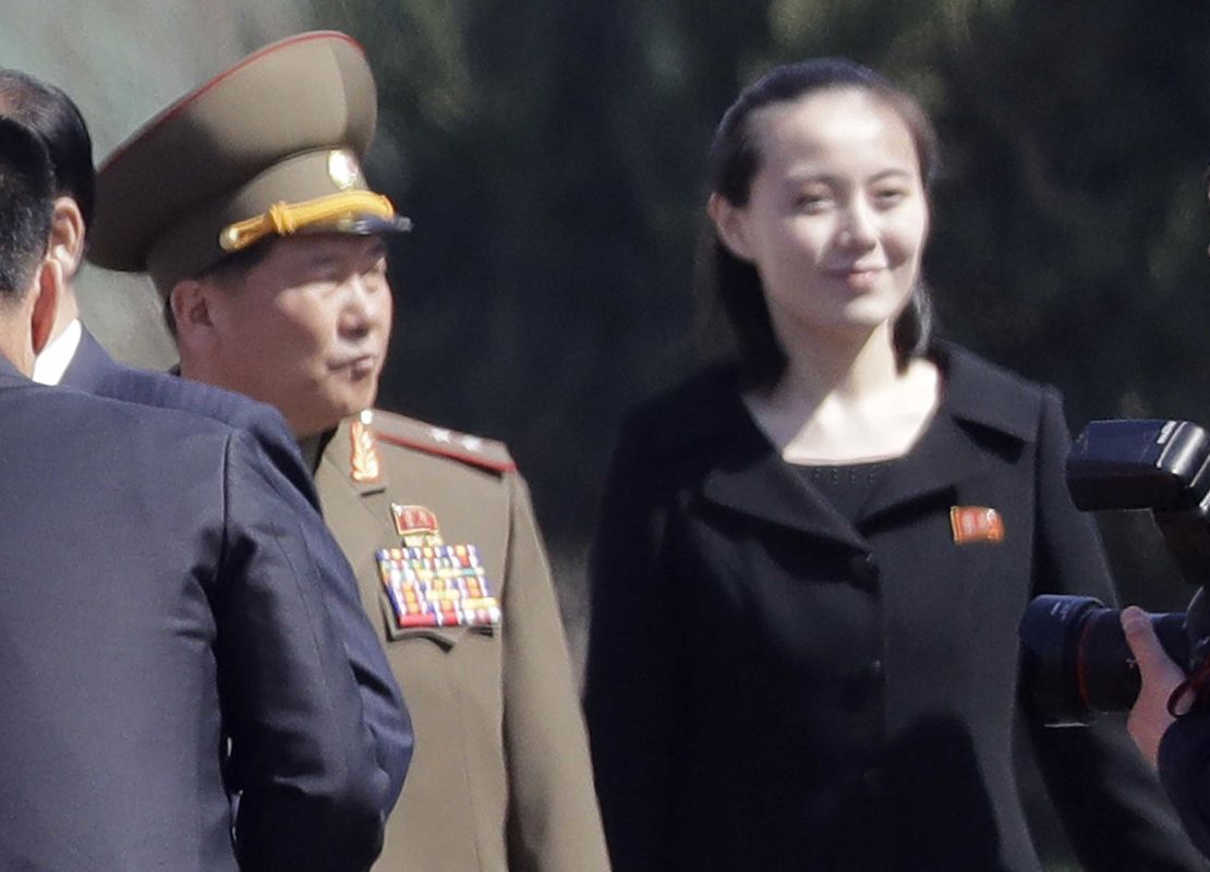 Kim Yo Jong, right, sister of North Korean leader Kim Jong Un, at the official opening of the Ryomyong residential area, April 13, 2017.