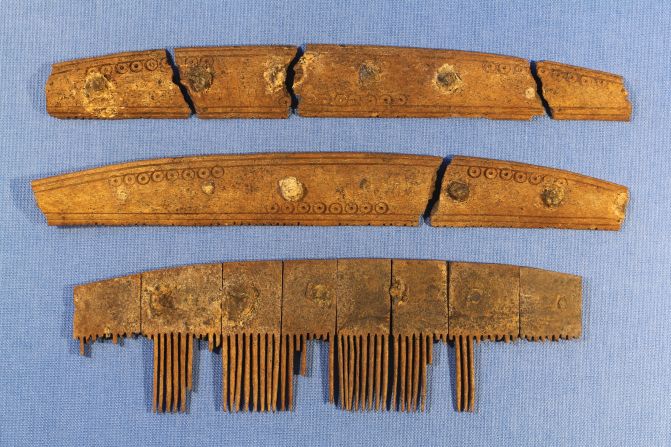 This 1,200-year-old comb was discovered by archaeologists during excavations of Ribe, an ancient market town in Denmark. The teeth would have fitted between the two connecting plates, now detached because the tiny iron nails have corroded.