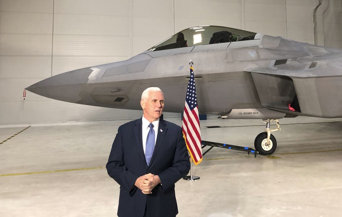 Vice President Mike Pence addresses the media in front of an F-22 at Joint Base Elmendorf-Richardson, Alaska, Monday, February 5.