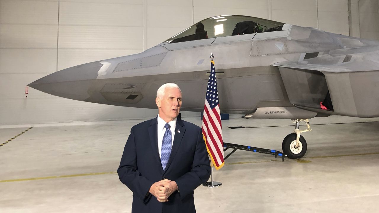 Vice President Mike Pence addresses the media in front of an F-22 at Joint Base Elmendorf-Richardson, Alaska, Monday, February 5.