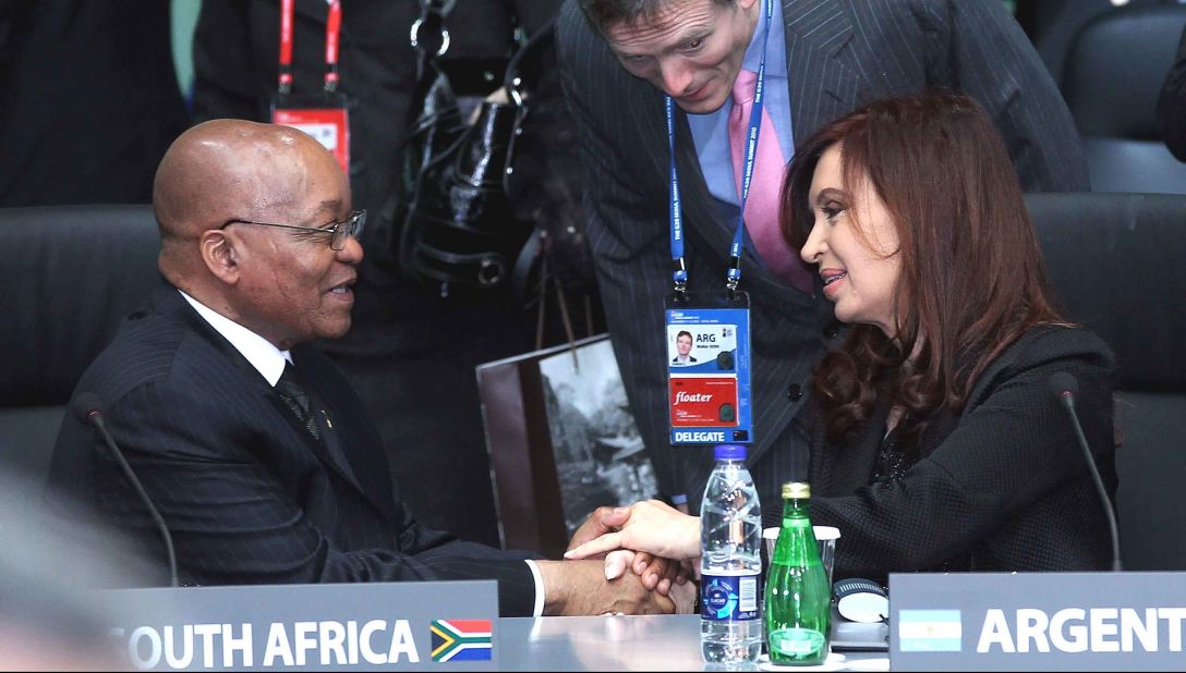 Zuma shakes hands with Argentine President Cristina Fernandez de Kirchner at a G20 Summit in Seoul, South Korea, in November 2010.