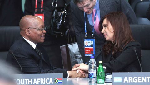 Zuma shakes hands with Argentine President Cristina Fernandez de Kirchner at a G20 Summit in Seoul, South Korea, in November 2010.