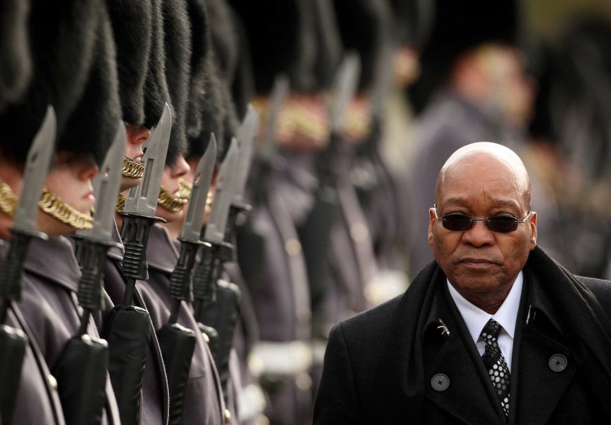 Zuma inspects the troops at a ceremonial welcome in London in March 2010.