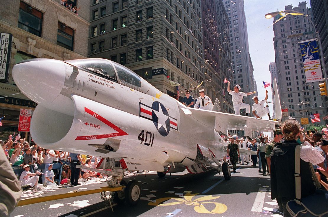 A Navy A-7 Corsair jet was pulled down the streets of New York in June 9, 1991.