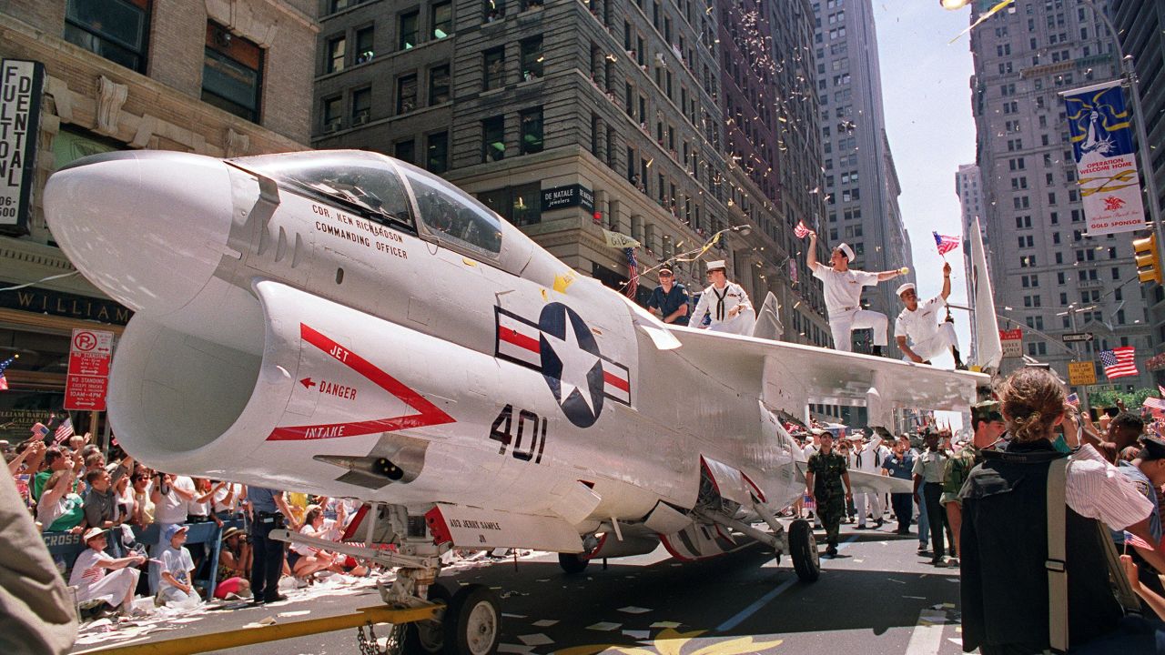 Sailors rejoice at the Operation Welcome Home ticker-tape parade during the June 10, 1991, celebration for returning Gulf War troops.