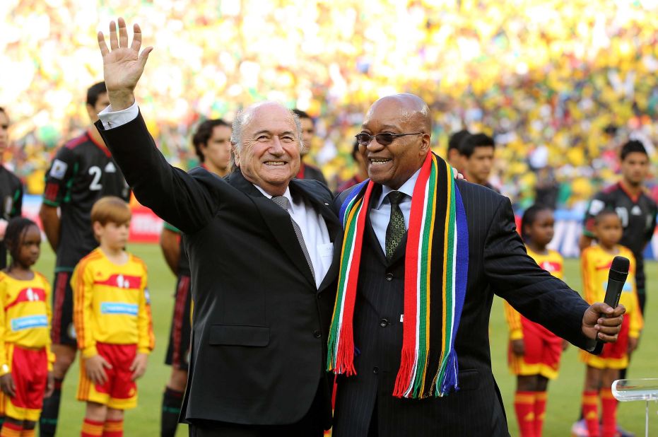 Zuma and FIFA President Sepp Blatter address the crowd before the opening match of the 2010 World Cup. South Africa was the first African country to host the tournament.