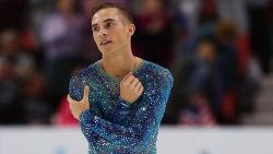 LAKE PLACID, NY - NOVEMBER 25:  Adam Rippon of the United States cradles his arm after competing in the Men's Free Skating during day two of 2017 Bridgestone Skate America at Herb Brooks Arena on November 25, 2017 in Lake Placid, New York.  (Photo by Tim Bradbury/Getty Images)