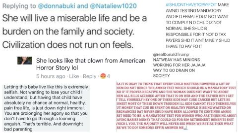 A collection of critical and abusive messages left on Natalie Weaver's social media accounts. (The tweet message that also featured a picture of Sophia is in red, lower right.)