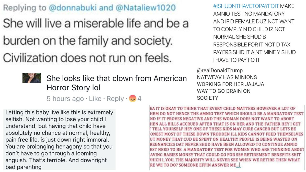 A collection of critical and abusive messages left on Natalie Weaver's social media accounts. (The tweet message that also featured a picture of Sophia is in red, lower right.)