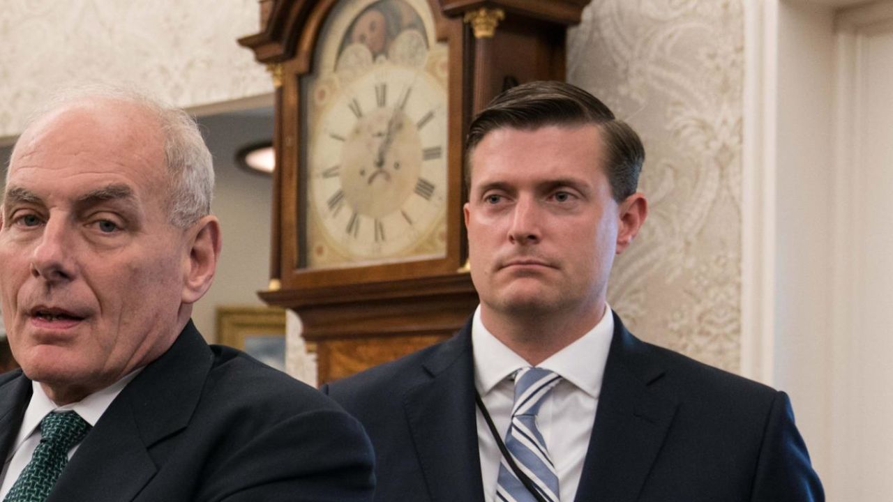 White House senior adviser Jared Kushner (L), White House chief of staff John Kelly (C) and White House staf secretary Rob Porter look on after US President Donald Trump signed a proclamation calling for a national day of prayer on September 3 for those affected by Hurricane Harvey in the Oval Office at the White House in Washington, DC, on September 1, 2017. / AFP PHOTO / NICHOLAS KAMM        (Photo credit should read NICHOLAS KAMM/AFP/Getty Images)