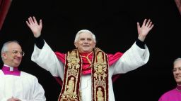 VATICAN CITY, Vatican:  Germany's Joseph Ratzinger, the new Pope Benedict XV,  appears at the window of St Peter's Basilica main balcony after being elected the 265th pope of the Roman Catholic Church 19 April 2005 at the Vatican City. (THOMAS COEX/AFP/Getty Images)