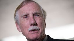Sen. Angus King (I-ME) answers questions from reporters following a closed briefing with the Senate Select Committee on Intelligence concerning Russian interference in the 2016 U.S. election, on Capitol Hill, March 23, 2017 in Washington. 