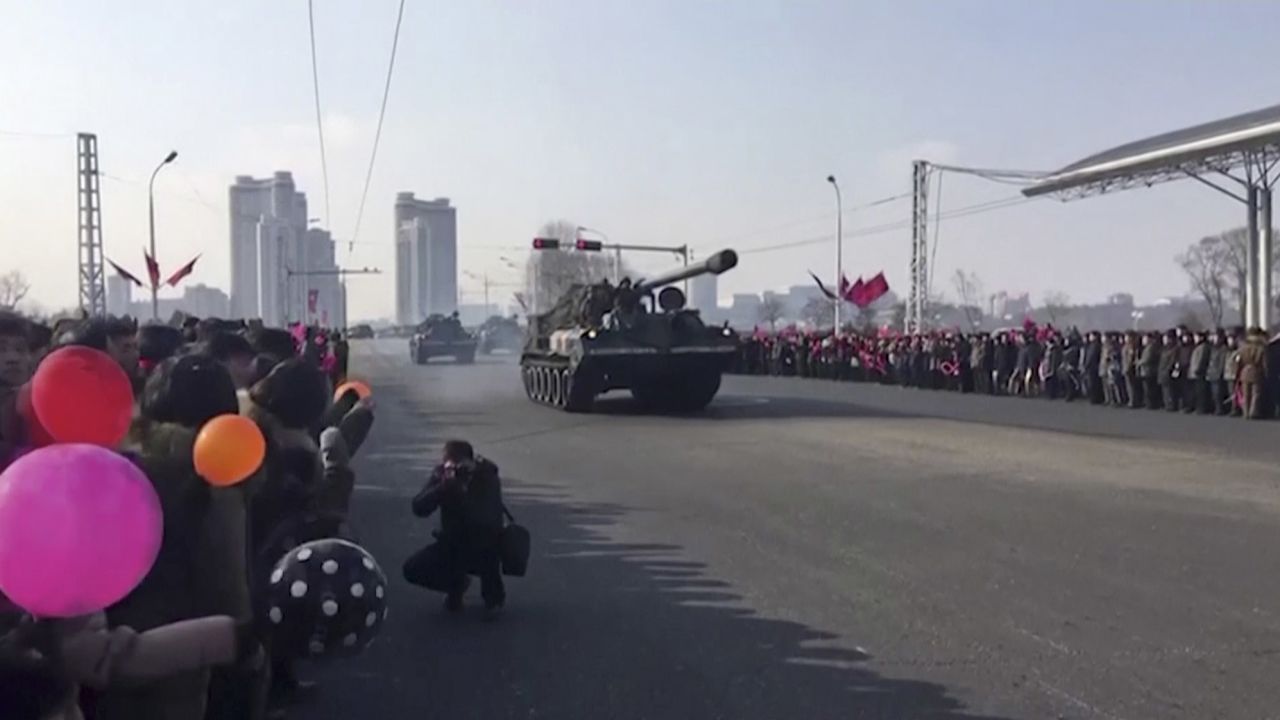 This image taken from video footage provided by Paektu Cultural Exchange shows military vehicles through streets in Pyongyang, February 8.