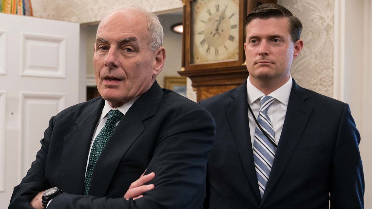 White House senior adviser Jared Kushner (L), White House chief of staff John Kelly (C) and White House staf secretary Rob Porter look on after US President Donald Trump signed a proclamation calling for a national day of prayer on September 3 for those affected by Hurricane Harvey in the Oval Office at the White House in Washington, DC, on September 1, 2017. / AFP PHOTO / NICHOLAS KAMM        (Photo credit should read NICHOLAS KAMM/AFP/Getty Images)