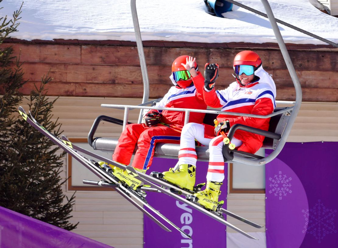 North Korean athletes on a chair lift at the Alpine skiing venue for the Winter Olympics in Pyeongchang, South Korea, February 6.