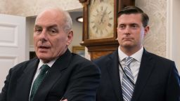 White House senior adviser Jared Kushner (L), White House chief of staff John Kelly (C) and White House staf secretary Rob Porter look on after US President Donald Trump signed a proclamation calling for a national day of prayer on September 3 for those affected by Hurricane Harvey in the Oval Office at the White House in Washington, DC, on September 1, 2017. / AFP PHOTO / NICHOLAS KAMM        (Photo credit should read NICHOLAS KAMM/AFP/Getty Images)