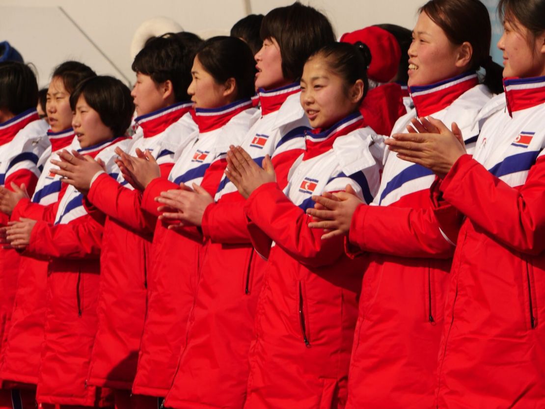 North Korean athletes applaud during a welcoming ceremony for the country's Olympic team in Pyeongchang, South Korea.