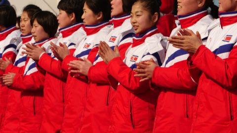 North Korean athletes applaud during a welcoming ceremony for the country's Olympic team in Pyeongchang, South Korea. 