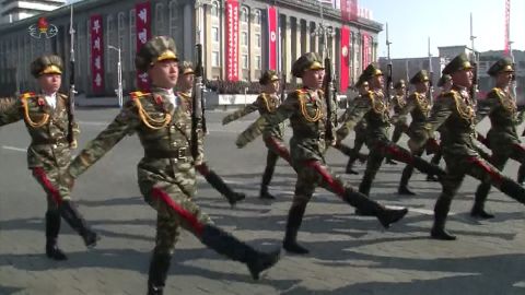 Soldiers marching in unison at a Pyongyang military parade, February 8.
