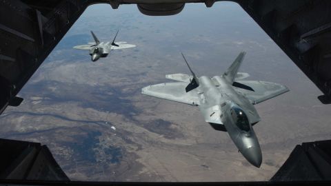 A handout photo made available by the US Department of Defense shows two US Air Force F-22 Raptors flying above Syria in support of Operation Inherent Resolve, 02 February 2018 (issued 08 February 2018).