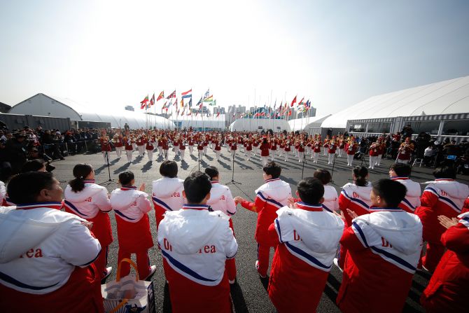North Korean athletes look on during the welcoming ceremony ahead of the PyeongChang 2018 Winter Olympic Games.