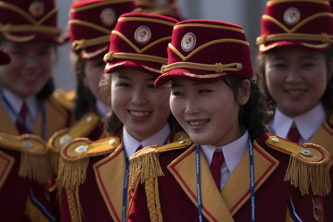 Members of the North Korea cheering group gather before a welcoming ceremony inside the Gangneung Olympic Village before the 2018 Winter Olympics.