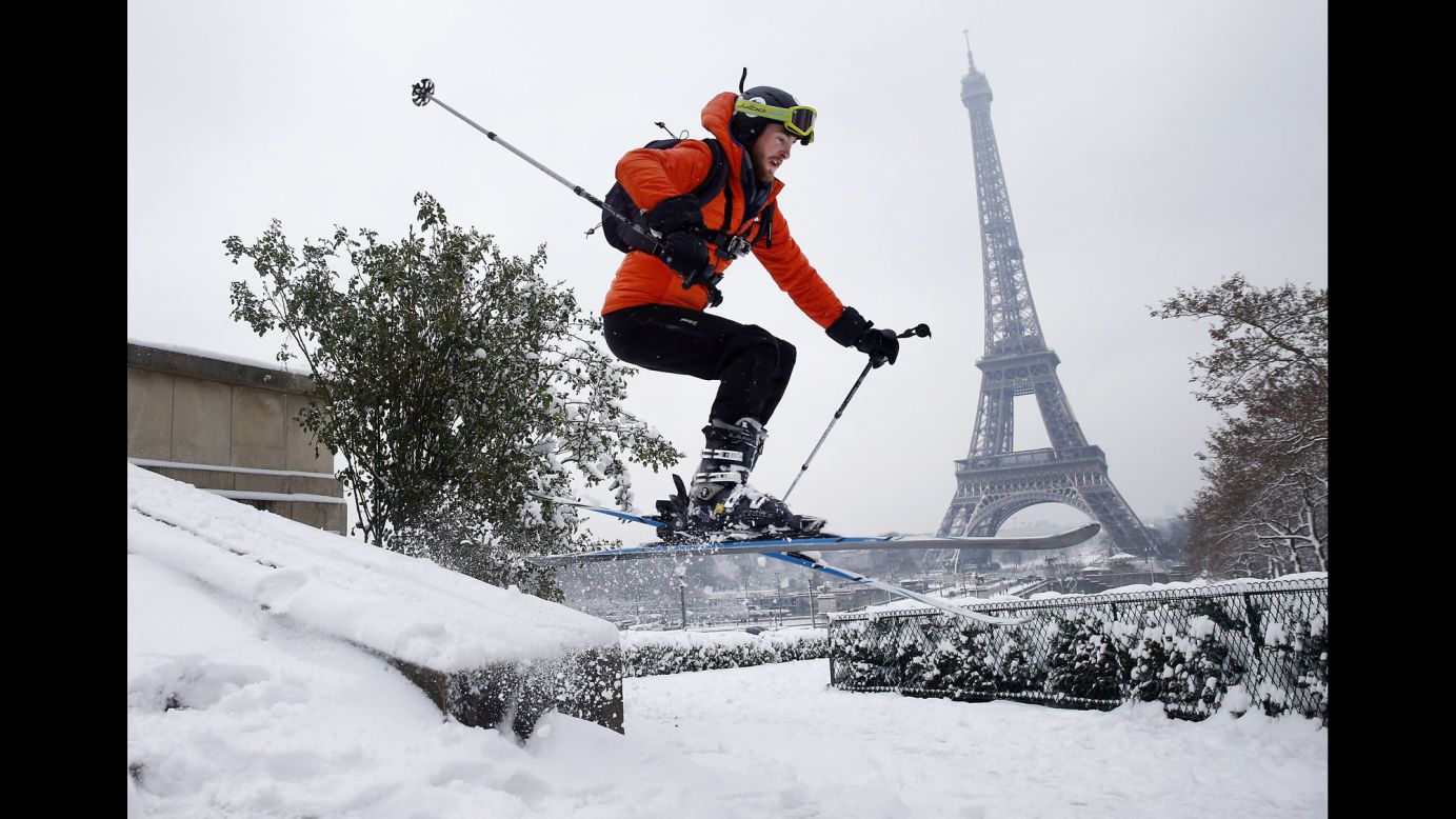 A man skis at a snow-covered Trocadero Square in front of the Eiffel Tower in Paris on Wednesday, February 7. The Eiffel Tower was shuttered to tourists as <a href="http://www.cnn.com/2018/02/07/europe/paris-snow-eiffel-tower-intl/index.html" target="_blank">heavy snowfall snarled traffic in Paris</a>, bringing the city to a standstill on Wednesday. According to the Meteo France weather service, up to 5.9 inches of snow had fallen in the Paris area -- the biggest snowfall since 1987.