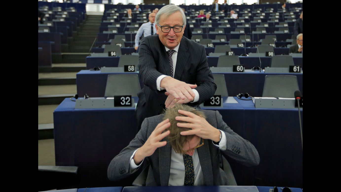 President of the European Commission Jean-Claude Juncker jokes with Guy Verhofstadt, the European Union's chief Brexit negotiator, ahead of a debate on the future of Europe at the Parliament in Strasbourg, France, on Tuesday, February 6.