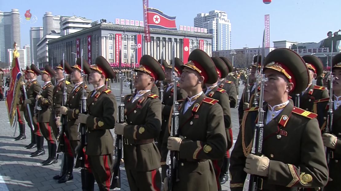 North Korean soldiers watch a 2017 military parade in Pyongyang marking the 105th anniversary of the birth of the late leader Kim Il-Sung.