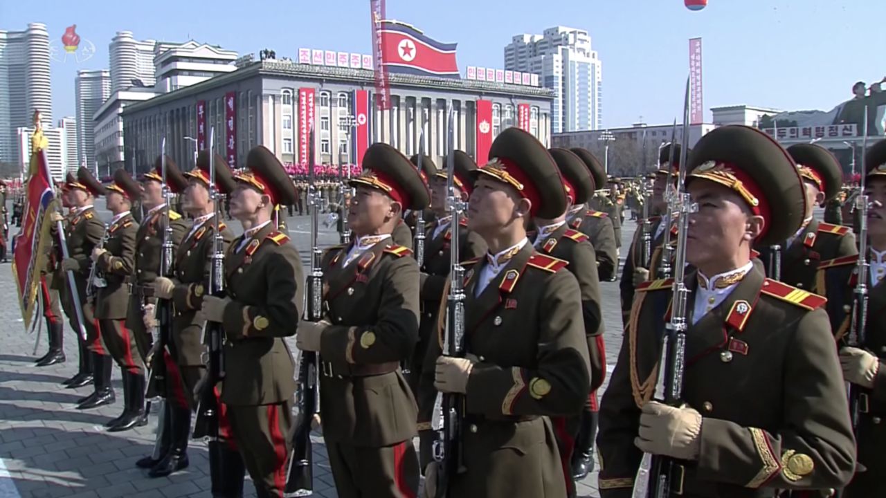 Soldiers stand guard at North Korea's military parade.