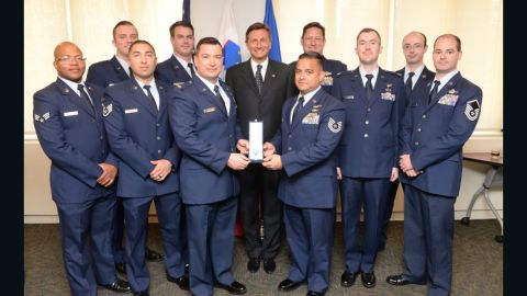 The pararescuemen of the 106th Rescue Wing assigned to the New York Air National Guard, are awarded the Slovenian Medal for Merit in the military field by the President Borut Pahor of Slovenia May 21, 2017. (U.S. Air National Guard Photo by Captain Michael O'Hagan)