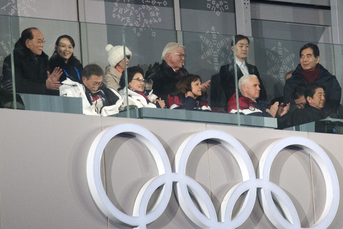 US Vice President Vice President Mike Pence watches the Winter Olympics Opening Ceremony with others, including Kim Yo Jong, the sister of North Korean leader Kim Jong Un.
