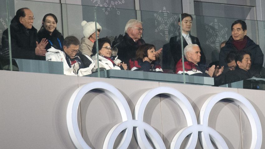 PYEONGCHANG, SOUTH KOREA - FEBRUARY 09:  United States Vice President Vice President Mike Pence (front row, 2-R) watches the opening ceremony of the PyeongChang Winter Olympics along with Kim Yo-jong, the sister of North Korean leader Kim Jong-Un (back row, 1-L), Kim Yong Nam, North Korea's ceremonial head of state (top row-L), Japanese Prime Minister Shinzo Abe (front row 1-R) and South Korean president Moon Jae-in (front row-L) on February 9, 2018 in PyeongChang, South Korea.
